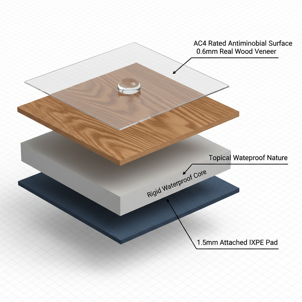 An exploded cross-section diagram of a Bravewood hybrid hardwood plank, showing its layers: real wood veneer, AC4 antimicrobial surface, rigid waterproof core, and attached IXPE pad.