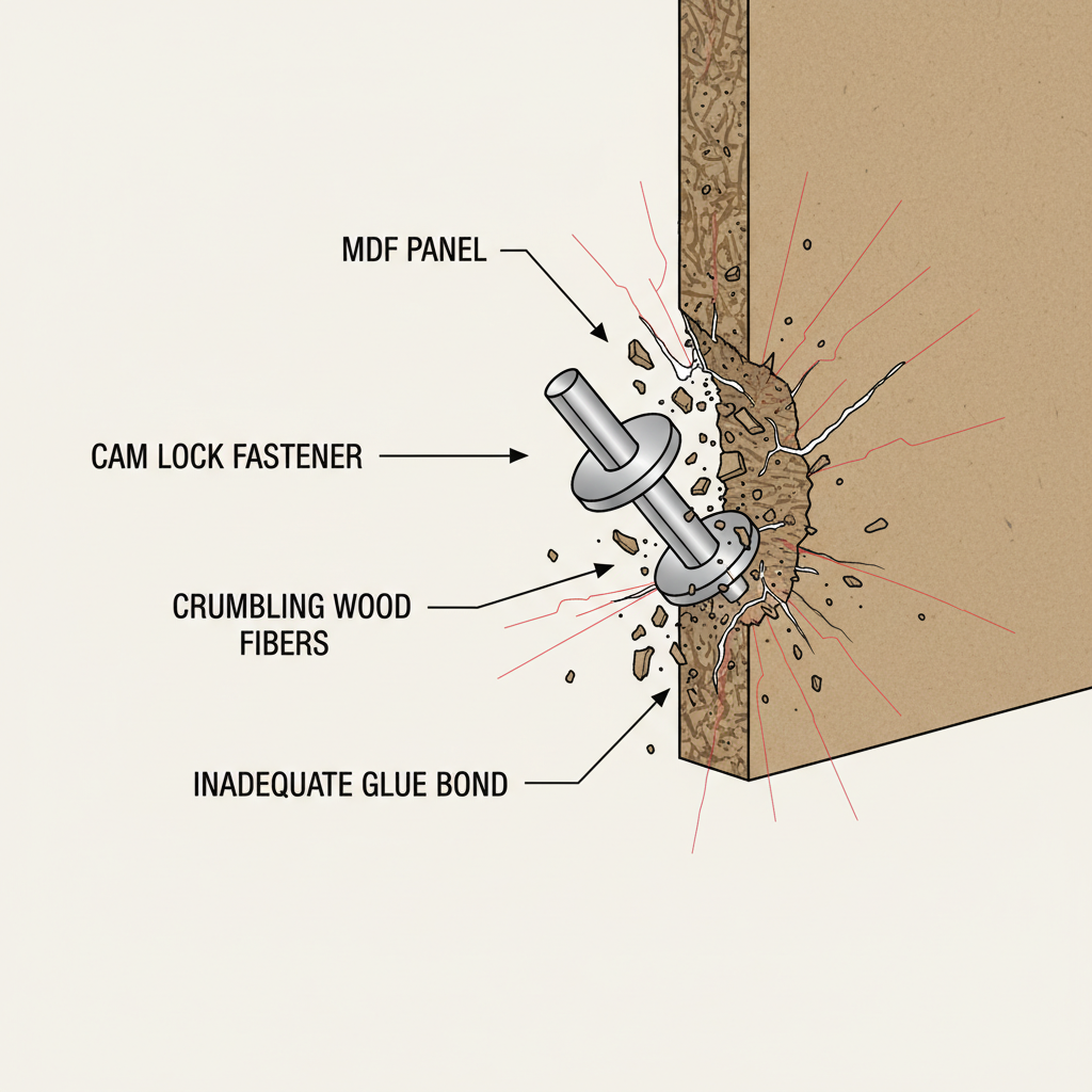 A detailed, technical cross-section illustration or diagram showing the structural failure of a mass-produced furniture joint. Focus on a close-up of a cam lock or a shallow screw tearing out of a piece of Medium Density Fiberboard (MDF) or particle board. Clearly depict the loose, crumbling wood fibers and the inadequate glue bond around the fastener. Show stress cracks propagating from the point of failure. Style: clean, precise technical drawing with informative labels, slightly deconstructed to reveal internal structure, on a neutral background.