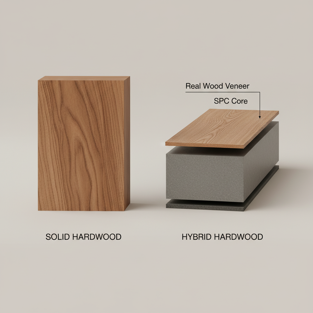 A clear, cutaway diagram showing two distinct flooring planks side-by-side. Left: Solid hardwood, represented as a single thick piece of wood with visible, deep grain running through its entire cross-section. Right: Hybrid hardwood, clearly layered with a thin, authentic real wood veneer on top (labeled 'Real Wood Veneer'), followed by a thick, dense stone polymer composite (SPC) core (labeled 'SPC Core'), and a backing layer. The overall style is a clean, technical illustration or infographic, using natural wood textures and neutral background colors, with clear labels.