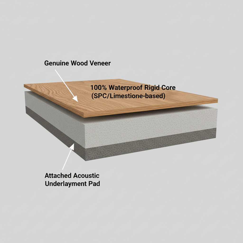 A detailed, clean 3D render of a cross-section of a hybrid hardwood plank. Clearly label each distinct layer: 'Genuine Wood Veneer' (top, thin, with visible grain), '100% Waterproof Rigid Core (SPC/Limestone-based)' (middle, thick, dense), and 'Attached Acoustic Underlayment Pad' (bottom, slightly softer texture).