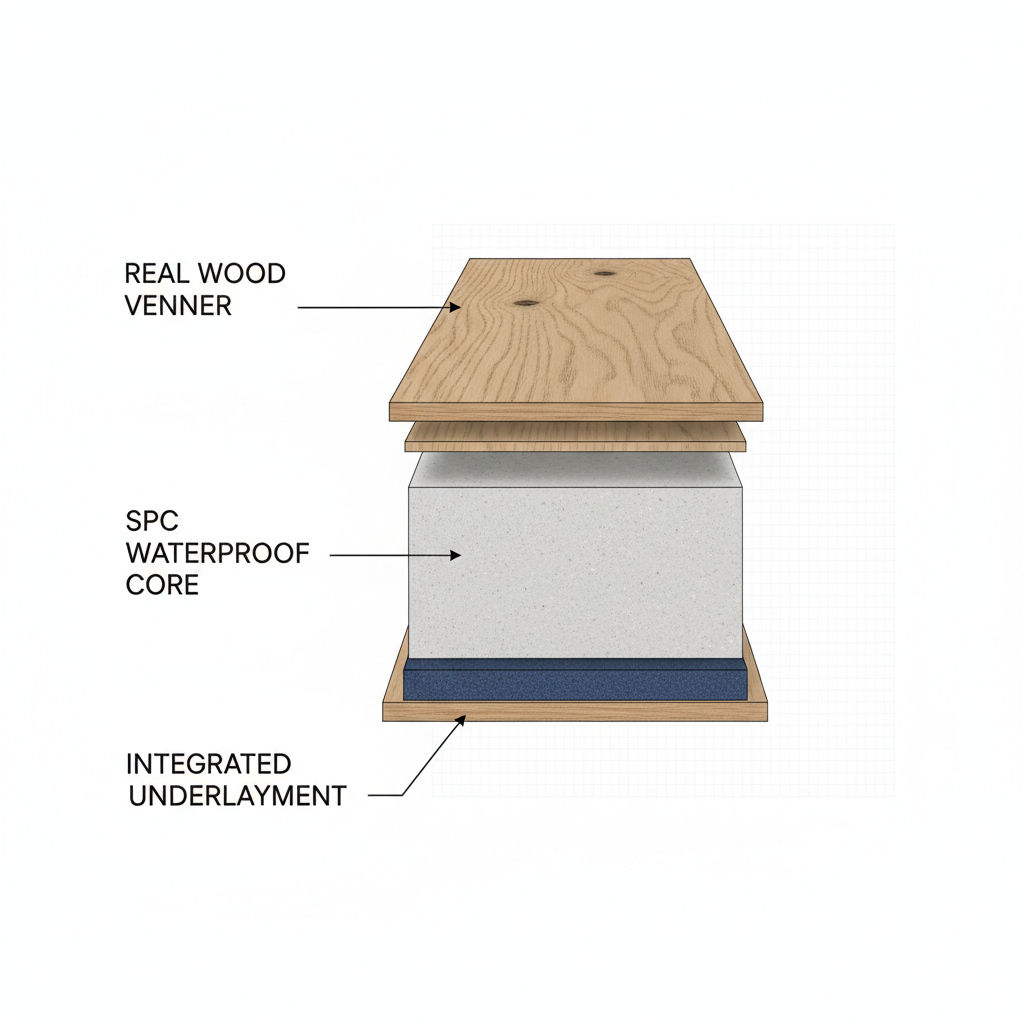 Detailed cross-section diagram of hybrid hardwood flooring, showing layers: real wood veneer, SPC waterproof core, and integrated underlayment.