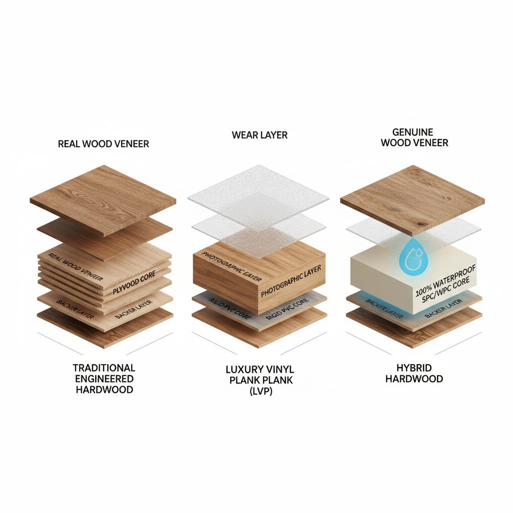 Detailed cross-section diagram comparing traditional engineered hardwood, LVP, and hybrid hardwood, highlighting the waterproof core of hybrid flooring.
