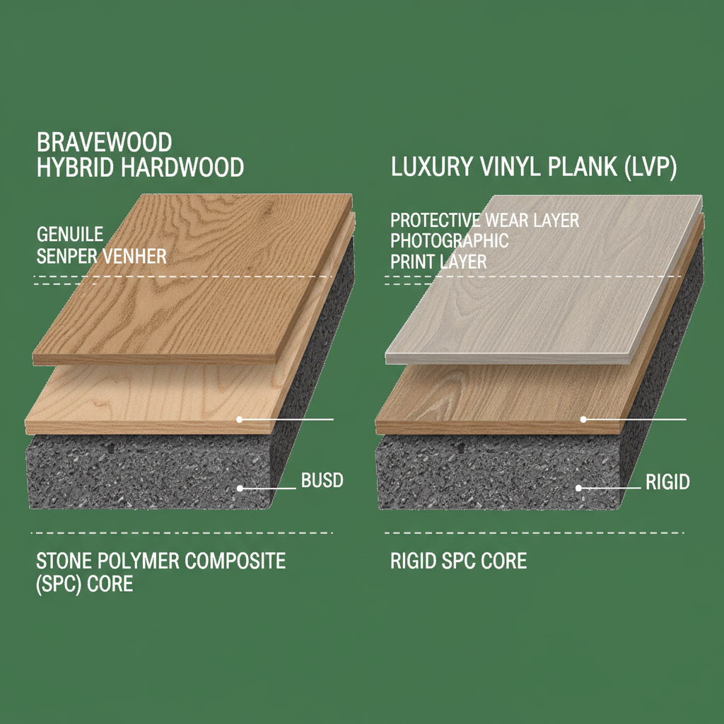 A high-resolution, detailed cross-section macro photography illustration of two distinct flooring planks side-by-side. On the left, a Bravewood Hybrid Hardwood plank showing a thin, authentic wood veneer top layer, clearly visible wood grain, bonded to a rigid Stone Polymer Composite (SPC) core. On the right, a Luxury Vinyl Plank (LVP) showing a clear protective wear layer, a photographic print layer simulating wood, and a rigid SPC core. The layers should be clearly distinguishable, perhaps with subtle labels or a visual hierarchy.
