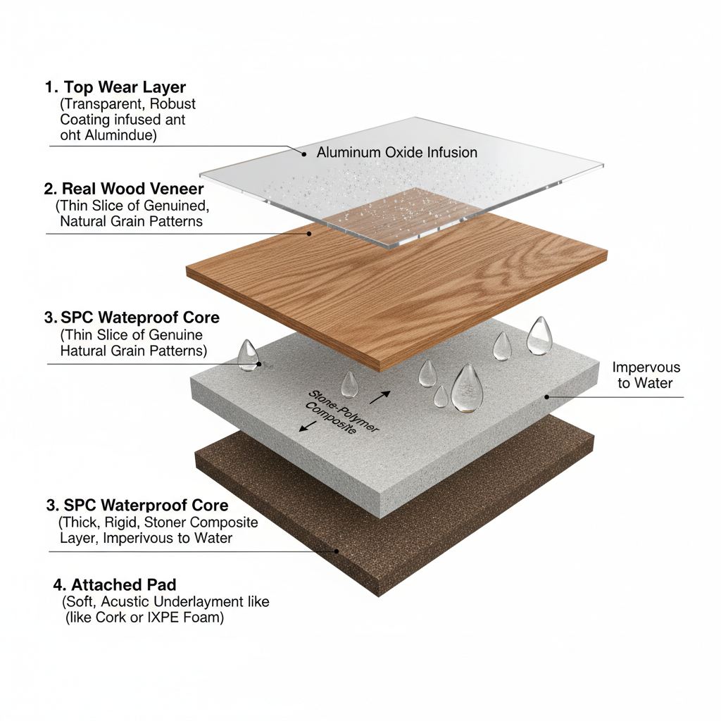 A detailed exploded cross-section diagram of a hybrid wood flooring plank, labeling its four layers: wear layer, real wood veneer, SPC waterproof core, and attached pad, illustrating how the SPC core repels water.