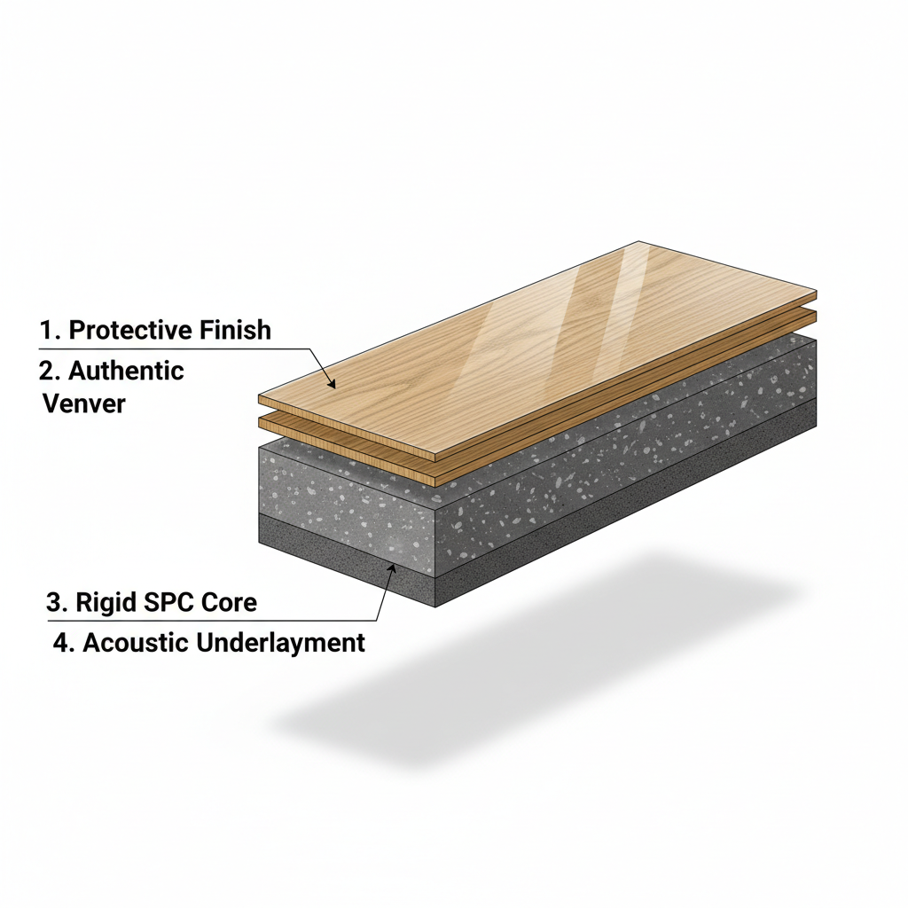 A detailed 3D cross-section diagram showing the four layers of a Bravewood hybrid hardwood plank: protective finish, authentic wood veneer, rigid SPC core, and acoustic underlayment.