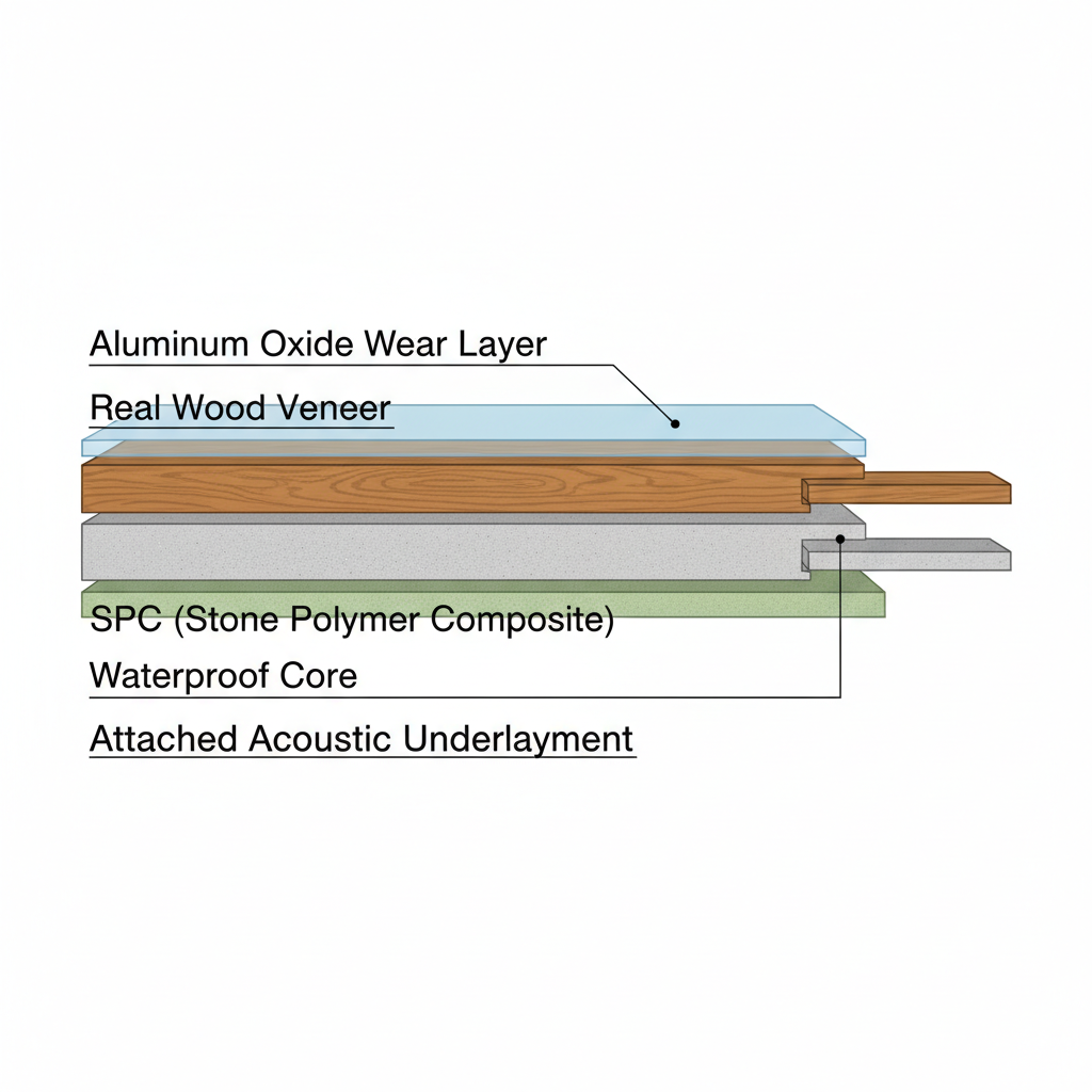 A detailed, clean cross-section diagram of a hybrid hardwood flooring plank. Clearly label the layers: 'Aluminum Oxide Wear Layer' on top, followed by a thin 'Real Wood Veneer', then a thick 'SPC (Stone Polymer Composite) Waterproof Core', and finally an 'Attached Acoustic Underlayment' at the bottom. The diagram should use distinct colors for each layer and show the interlocking mechanism on the side.
