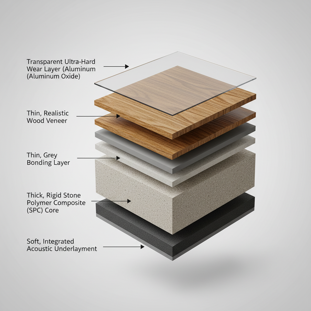 Detailed cross-section diagram of a hybrid hardwood plank showing its five layers: wear layer, real wood veneer, bonding layer, SPC core, and acoustic underlayment.