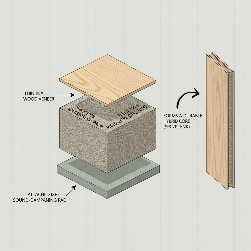 A detailed cutaway diagram of a Bravewood hybrid hardwood plank, showing and labeling its layers: Birch wood veneer, rigid core (SPC/HDF), and IXPE sound-dampening pad.