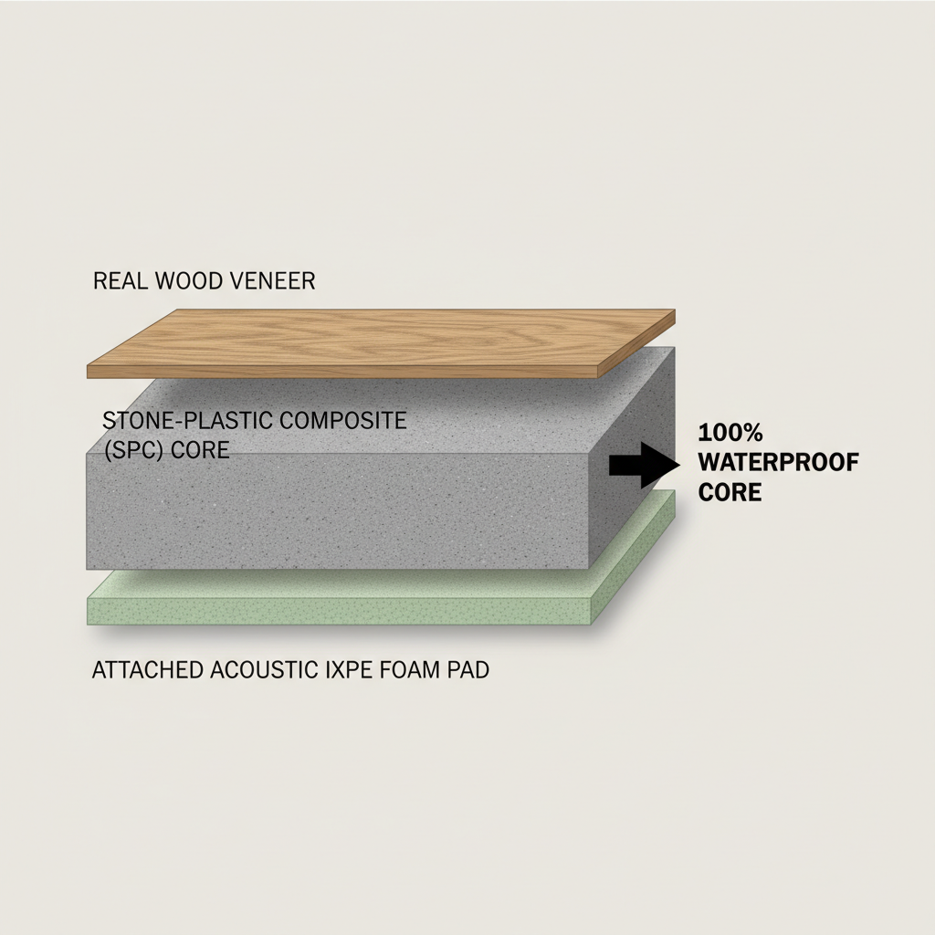 A detailed, cutaway diagram illustrating the cross-section of a waterproof hybrid hardwood plank with layers for veneer, SPC core, and IXPE foam pad.