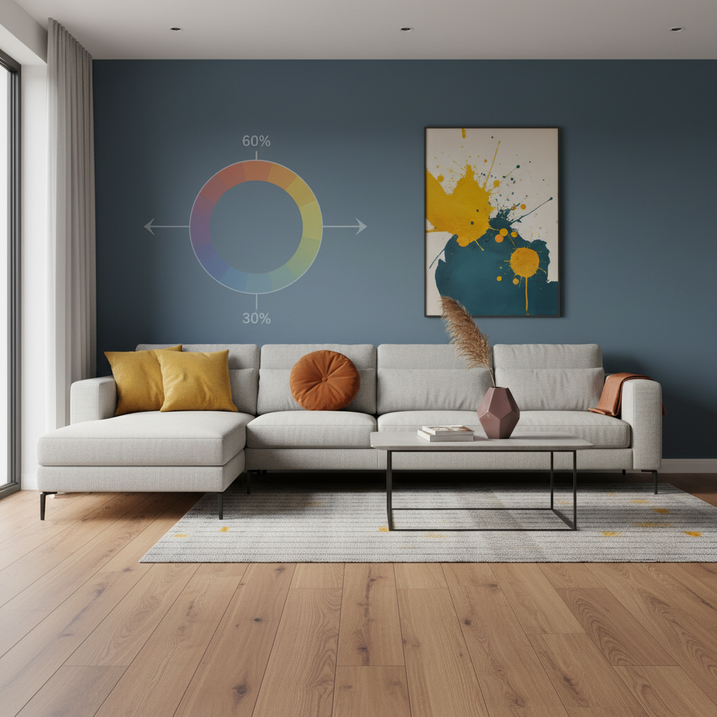 An elegant, modern living room interior design scene, subtly illustrating the 60-30-10 rule for color harmony. The Bravewood hybrid hardwood floor (e.g., European Oak finish) forms the 30% base. The walls are painted in a complementary, dominant color (60%). Accent decor elements like throw pillows, a vase, or artwork provide the 10% pop. A subtle, transparent overlay of a simplified color wheel could be integrated into the background or foreground, hinting at complementary contrast principles. Style: sophisticated, realistic, inviting, with a focus on color balance.