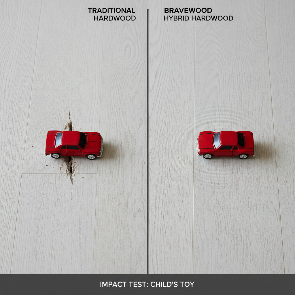Comparative image showing a dented traditional hardwood floor next to an undamaged Bravewood hybrid hardwood floor after impact from a child's toy.