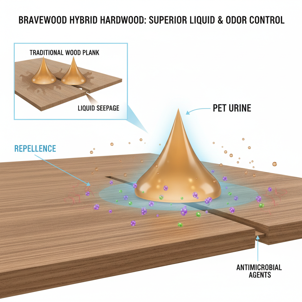 An illustrative diagram focusing on liquid and odor control. Show a drop of pet urine landing on a Bravewood Hybrid Hardwood plank. The liquid should be visibly repelled by the surface and prevented from seeping into the tight click-lock seams. Below the surface, subtle glowing particles represent antimicrobial agents neutralizing odor-causing bacteria. In contrast, a small, faded inset or background element shows liquid seeping into a traditional wood plank's pores and seams.