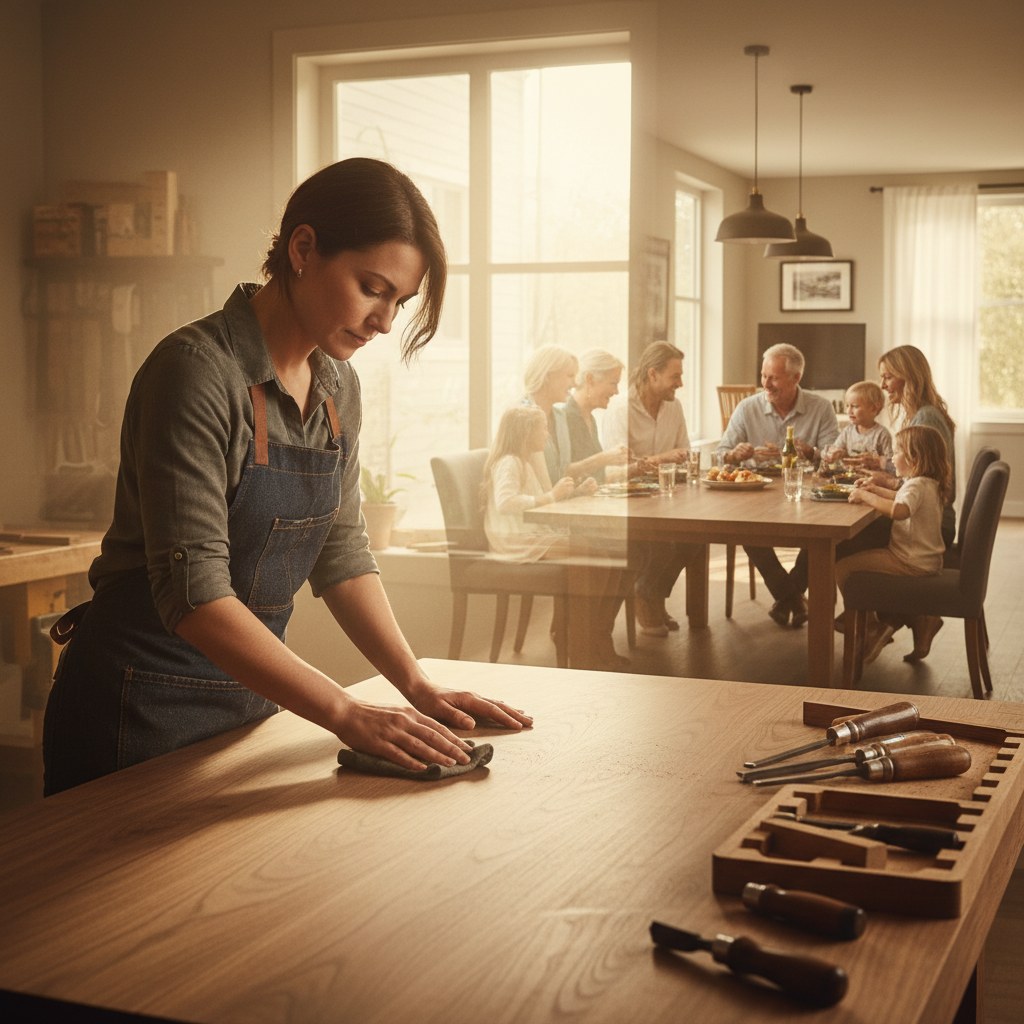 A warm, inviting, cinematic scene depicting a skilled artisan in a clean, well-lit workshop, meticulously hand-finishing a beautiful, custom-built wooden furniture piece (e.g., a sturdy dining table or an elegant cabinet). The artisan is focused on their craft, with traditional tools neatly arranged on a workbench. In the background, or as a subtle, ghosted overlay, the same finished furniture piece is shown in a modern, elegant home setting, being cherished by a family across generations, implying longevity, emotional value, and heirloom quality.