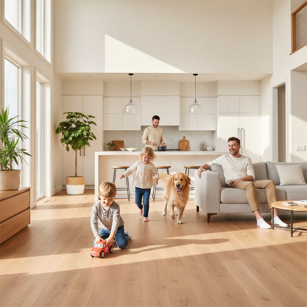 A vibrant, photorealistic scene of a happy, active family (parents, two children, and a large, friendly dog) enjoying a bright, open-concept living room and kitchen area. The floor is a beautiful, seamless Bravewood hybrid hardwood, looking pristine and durable despite the activity (e.g., child playing with a toy car, dog playfully running, parent cooking in the background). Emphasize natural light streaming in, a sense of ease, and the floor's resilience with no visible signs of wear or damage. The overall mood is joyful and stress-free.