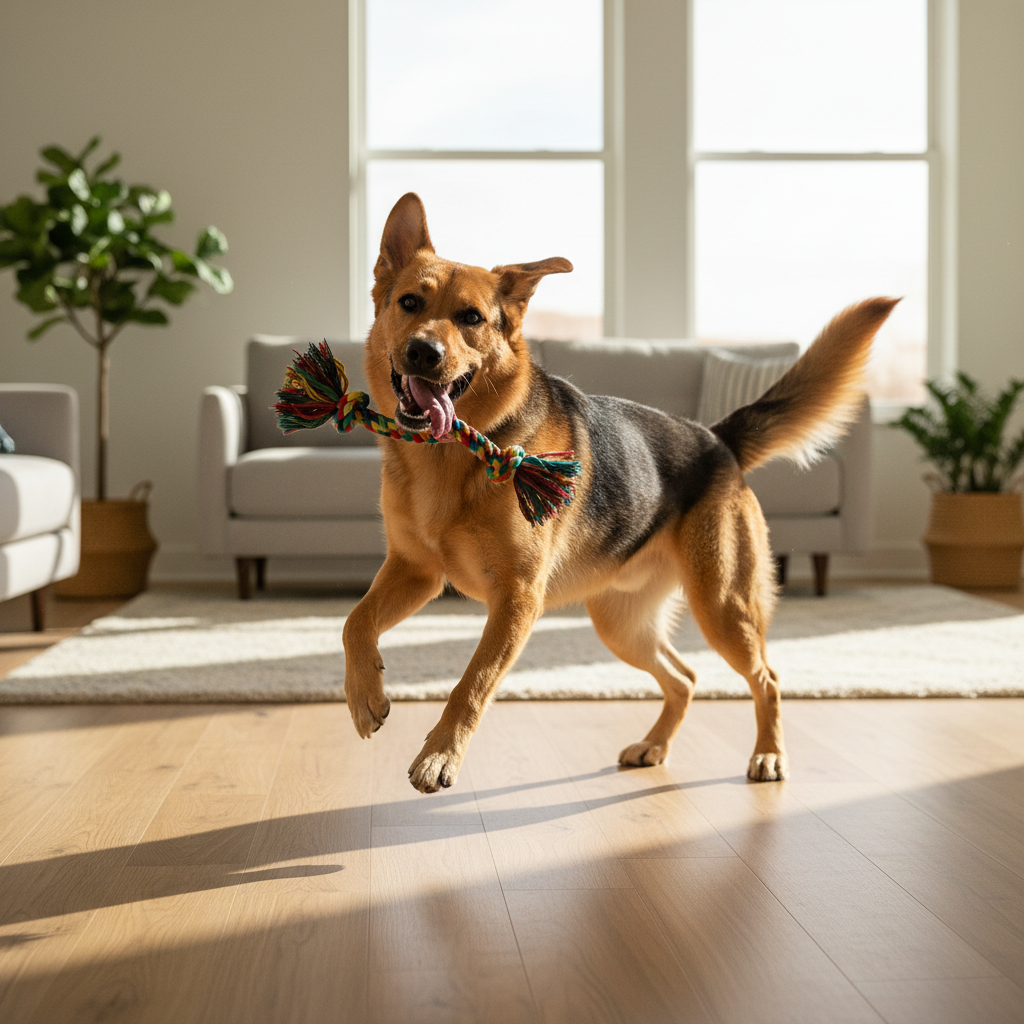 An energetic Labrador Retriever playing on a pristine Bravewood hybrid hardwood floor, demonstrating its durability against active dogs.