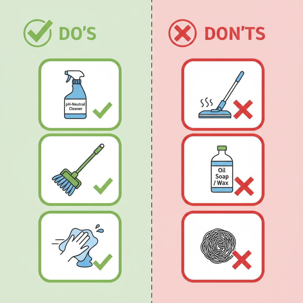 Infographic showing Bravewood floor warranty DO's (pH-neutral cleaner, microfiber mop, quick spill wipe) and DON'Ts (steam mop, oil soap/wax, abrasive pads).