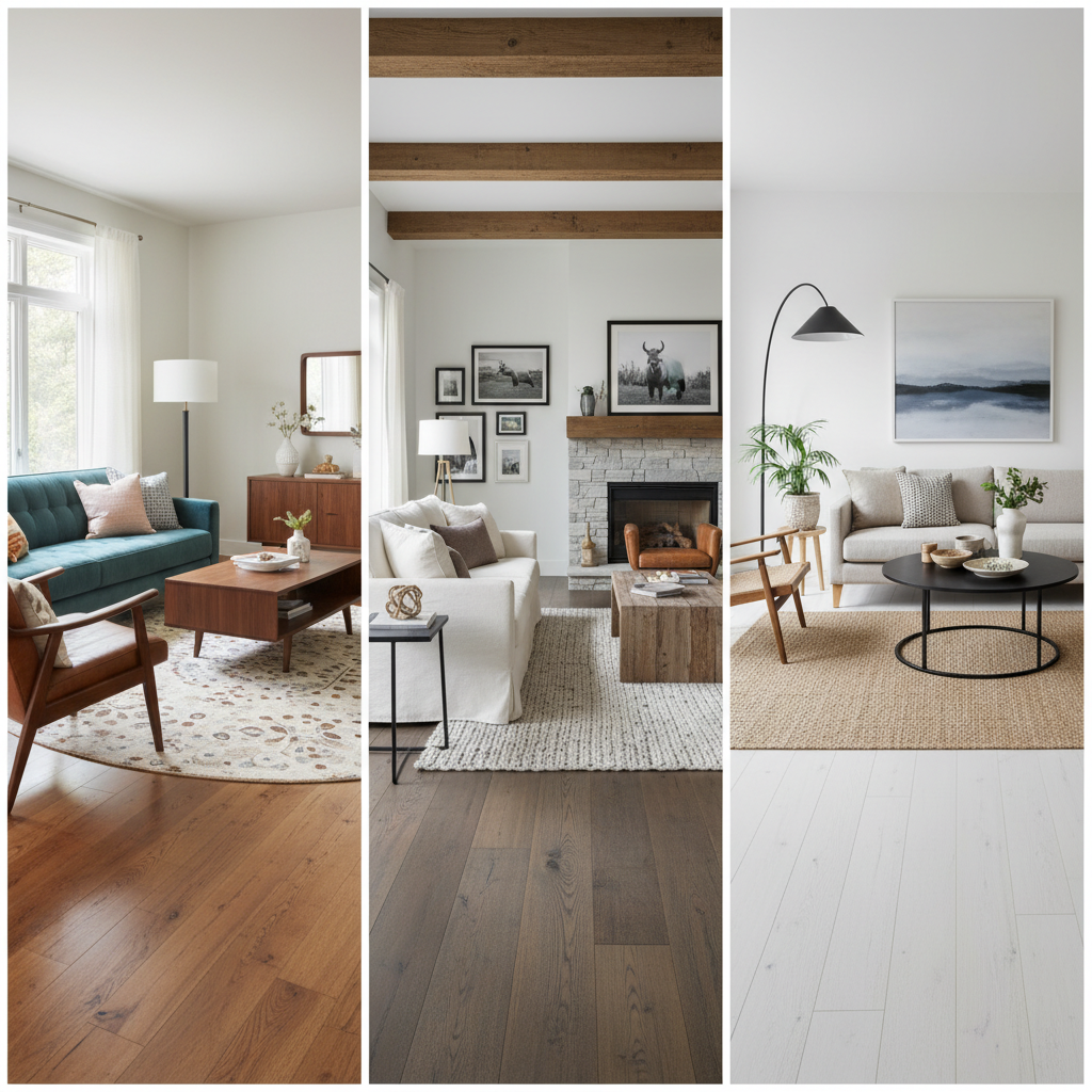 A collage of three stylish living rooms showcasing Bravewood flooring versatility: Mid-Century Modern with warm planks, Modern Farmhouse with wide-plank oak, and Japandi with light ash finishes.