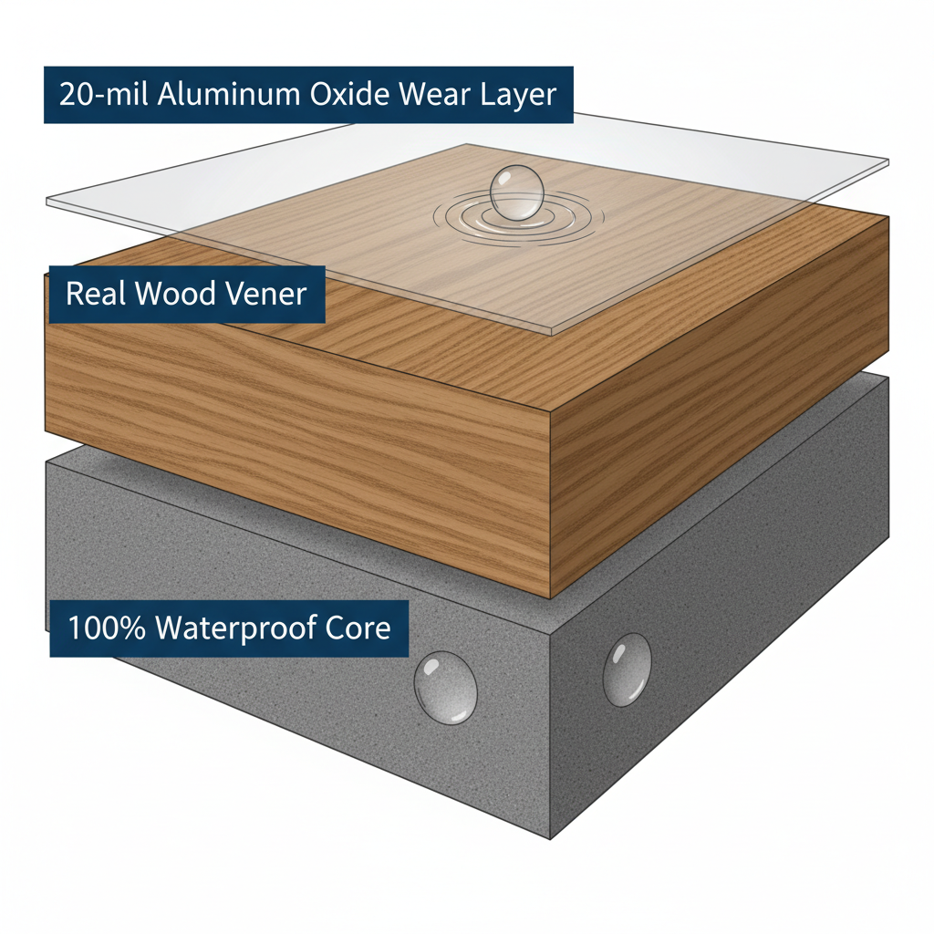 A detailed cross-section technical illustration of Bravewood hybrid hardwood flooring. Show distinct layers: a transparent top wear layer (20-mil aluminum oxide), a realistic wood veneer layer, and a dense, 100% waterproof core at the bottom. A single water droplet should be visibly repelling off the top wear layer, and another droplet should be shown contained within the waterproof core, demonstrating its impermeability. Style: clean, modern, infographic-like, with subtle labels for each layer.