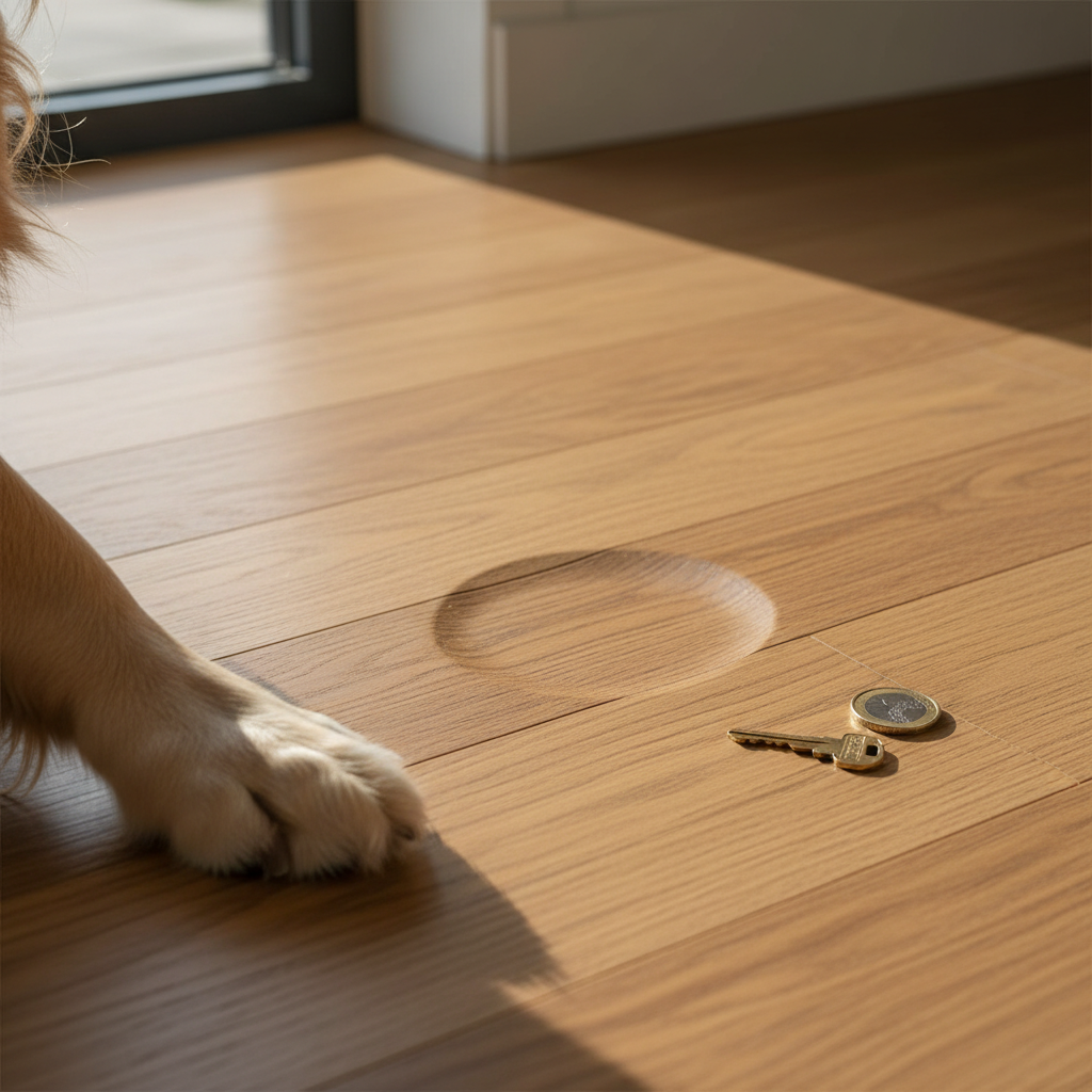 A close-up of a European Oak hybrid hardwood floor, showing a dog's paw without scratches, a subtle indentation from a dropped object, and no marks from a key-scratch test.