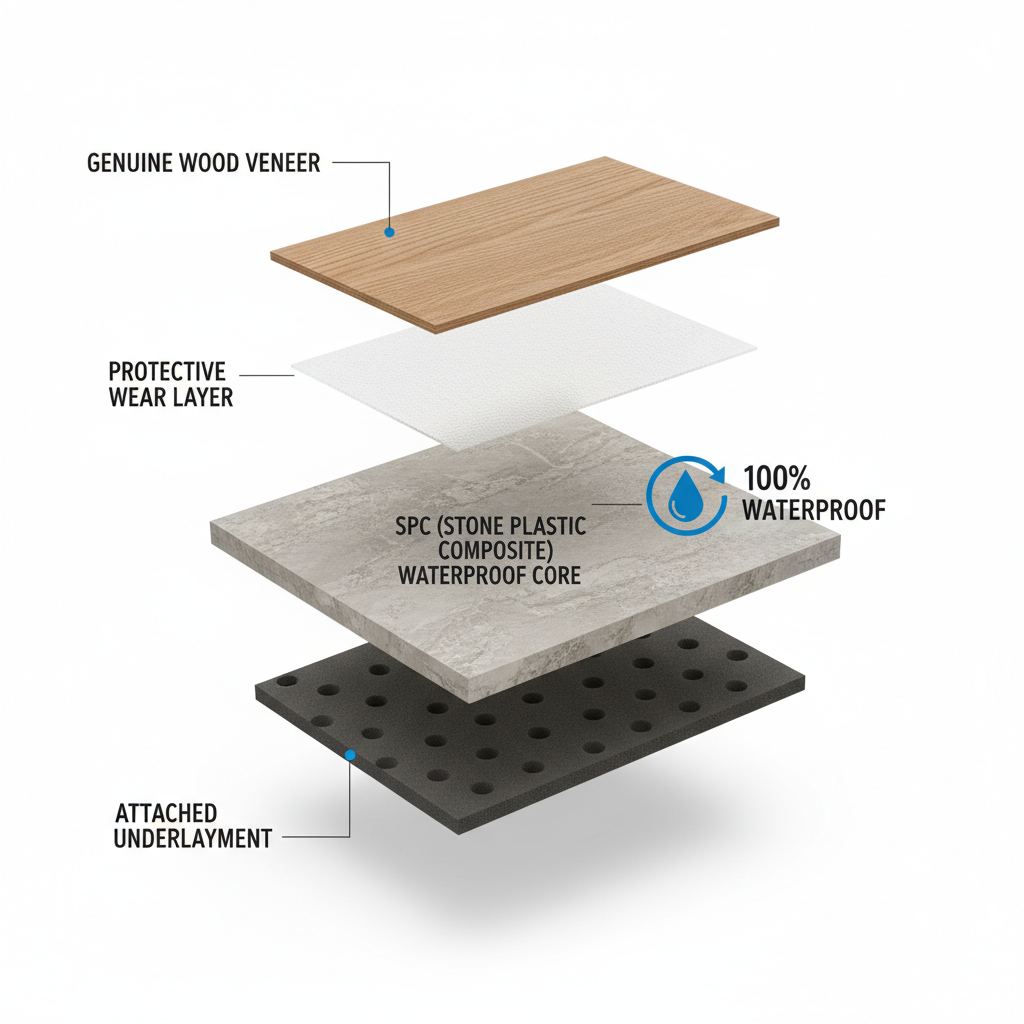 A clear, detailed 3D exploded view diagram of a Bravewood hybrid hardwood plank. The layers are distinctly separated and labeled: a thin top layer of genuine wood veneer, followed by a protective wear layer, then the thick, rigid SPC (Stone Plastic Composite) core, and finally an attached underlayment. The diagram should highlight the waterproof nature of the SPC core.