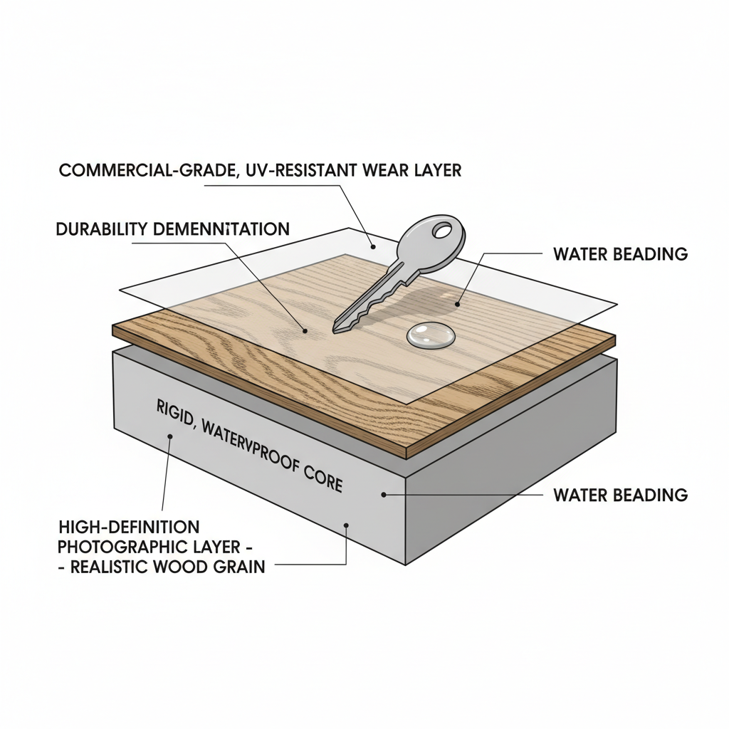 A detailed cross-section diagram of a Bravewood hybrid hardwood plank. Clearly label and visually represent the distinct layers: a rigid, waterproof core at the bottom, a high-definition photographic layer with realistic wood grain in the middle, and a commercial-grade, UV-resistant wear layer on top. Show a small, subtle visual element demonstrating durability, such as a key lightly scratching the wear layer without damage, and a water droplet beading on the surface.