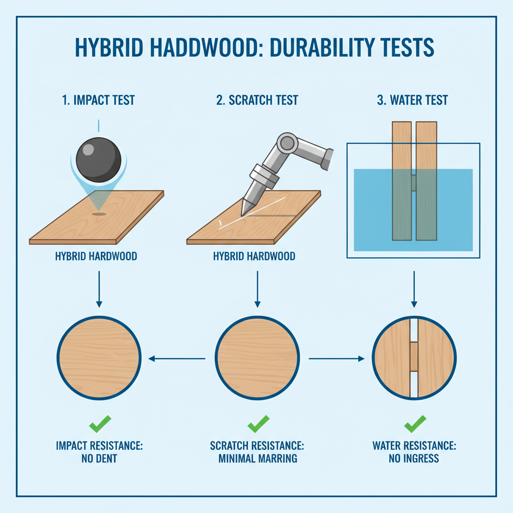 An infographic-style illustration showcasing three key durability tests for hybrid hardwood. Panel 1: A steel ball dropping onto a plank, with an inset showing no dent. Panel 2: A mechanical device with a dog nail tip scratching a plank, with an inset showing minimal marring. Panel 3: A plank submerged in colored water, with an inset showing no water ingress at the seams. Use a clean, scientific illustration style with clear visual cues for each test and positive results.