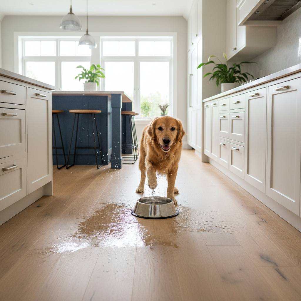 A modern kitchen with a light-colored Bravewood hybrid hardwood floor, where a dog is playfully splashing water from its bowl, showcasing the floor's durability.