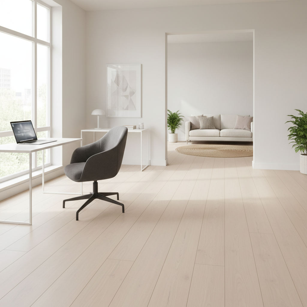A modern, minimalist multi-use living room and home office featuring wide planks of light-colored Bravewood Hybrid Hardwood with a matte finish and micro-bevel edges, reflecting natural light and creating an airy, spacious feel.