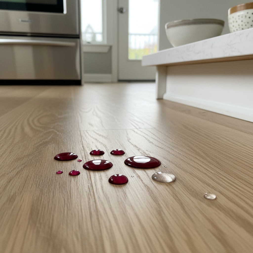 A close-up, high-definition photograph of a Bravewood hybrid hardwood floor plank in a modern kitchen setting. Several drops of red wine and water are visibly beaded on the surface of the wood, not soaking in, demonstrating its spill-proof capabilities. The texture of the wood grain should be visible, and the overall lighting should be bright and natural.