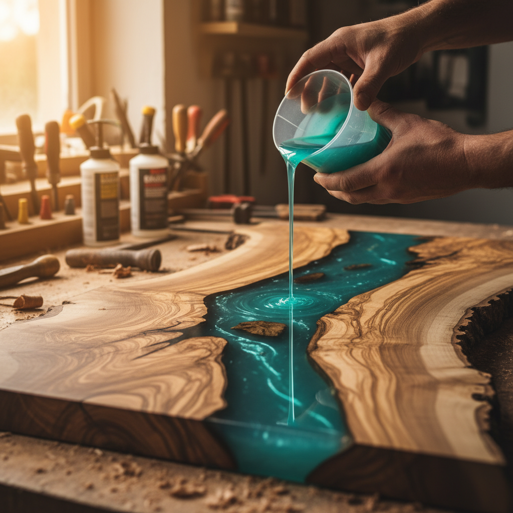 A photorealistic image capturing a skilled artisan's hands meticulously working on a large, live-edge olive wood slab. The artisan is carefully pouring a custom-colored, crystal-clear epoxy resin into a natural void or 'river' channel within the wood. The scene should highlight the contrast between the organic, textured wood grain and the smooth, vibrant epoxy. The background is a softly blurred workshop setting, emphasizing focus and craftsmanship. Style: photorealistic, warm and inviting lighting, high detail on hands, wood, and epoxy, conveying a sense of artistry and precision.