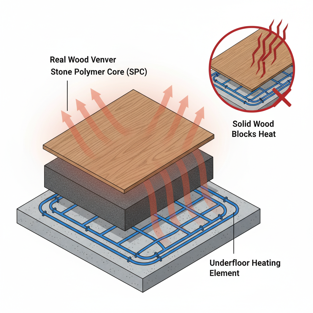 Cutaway illustration of Bravewood hybrid hardwood with real wood veneer and SPC core over underfloor heating, showing heat efficiently transferring. Inset shows solid wood blocking heat.