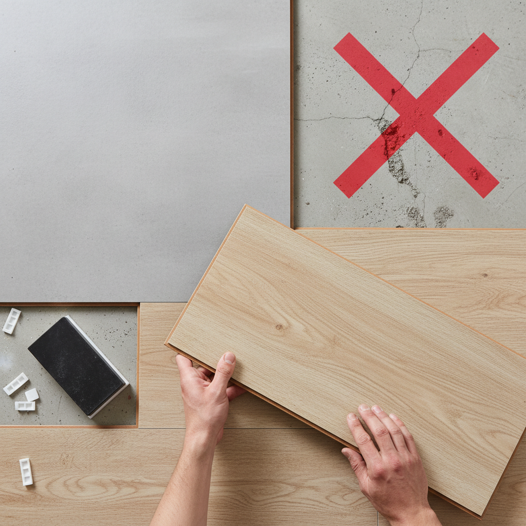 A clear, overhead shot of hands installing click-lock flooring planks. One hand holds a new plank angled, ready to click into an existing row, demonstrating the angle/angle system. In the background, one section of the subfloor is perfectly level and clean, while another section shows visible unevenness (cracks, slight bumps), with a red 'X' indicating incorrect subfloor preparation. Tools like a tapping block and spacers are subtly visible.
