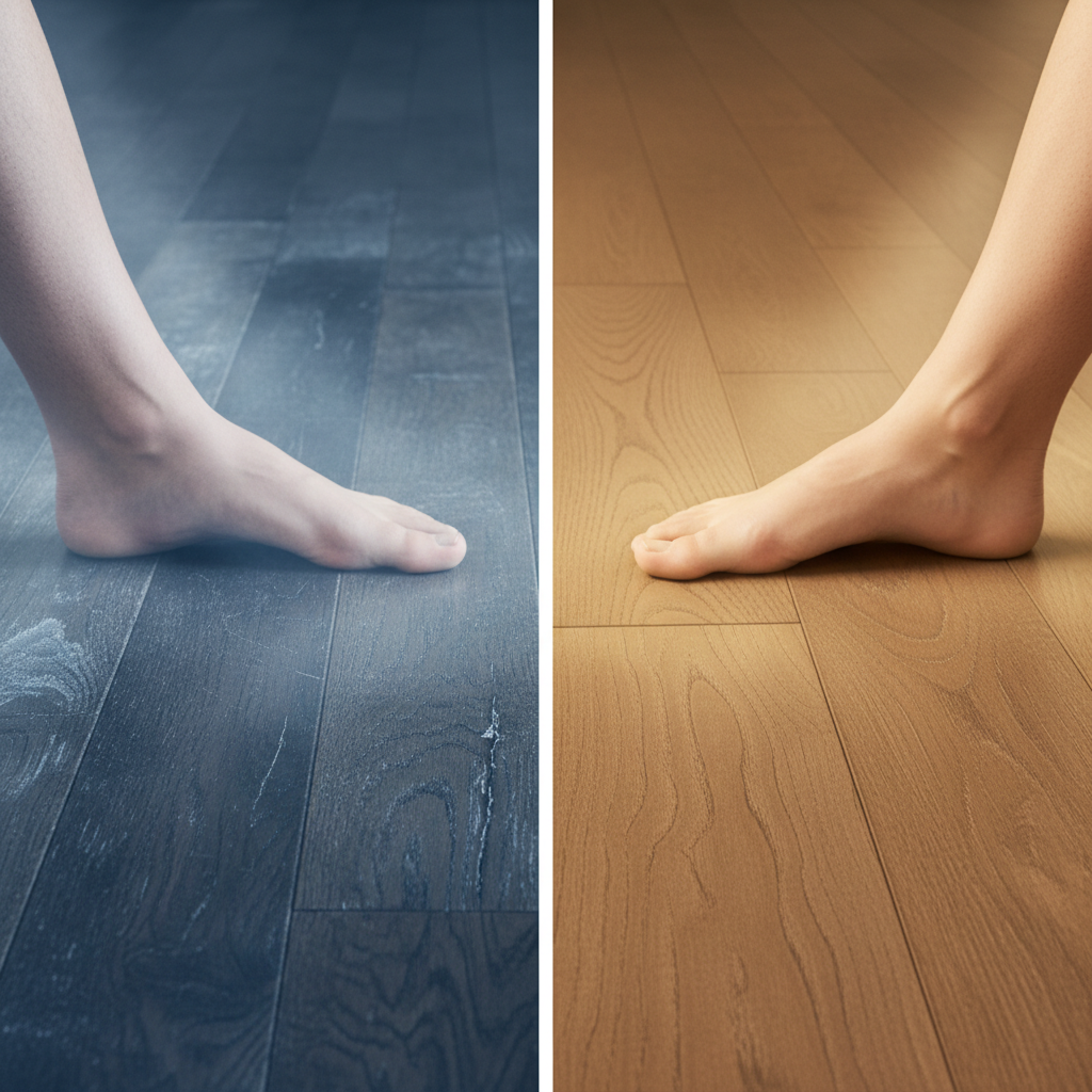 Split panel showing bare foot recoiling from cold, cracked traditional hardwood vs. bare foot comfortably resting on warm, glowing Bravewood hybrid hardwood.