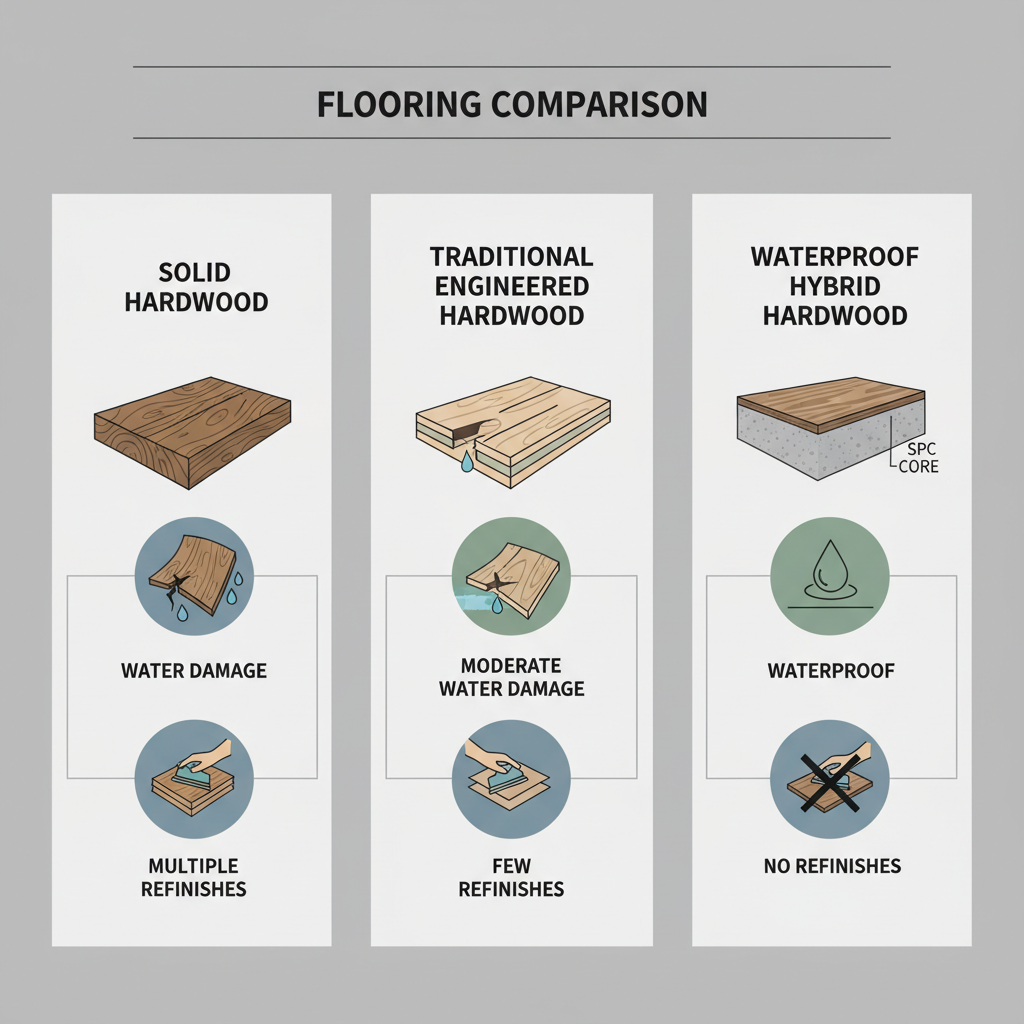 Infographic comparing Solid Hardwood, Traditional Engineered Hardwood, and Waterproof Hybrid Hardwood, highlighting their layers, water resistance, and refinishing capabilities.