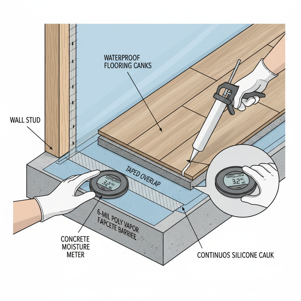 A detailed, technical illustration showing a cutaway view of a floor installation. The scene depicts a concrete subfloor being tested with a pinless moisture meter. Above it, a 6-mil polyethylene vapor barrier is meticulously overlapped, taped at the seams, and extends slightly up the wall. A hand is shown applying a bead of 100% silicone caulk along the perimeter where the waterproof flooring planks meet the wall, emphasizing proper sealing and subfloor protection. Style: instructional, clean, blueprint-like.