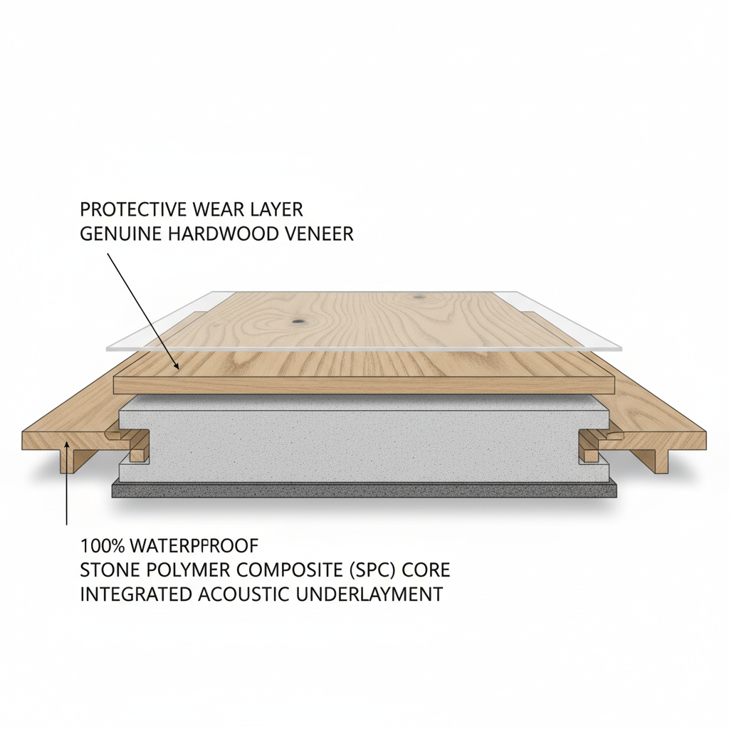 A highly detailed, photorealistic cross-section diagram of a Bravewood hybrid hardwood plank. Clearly label each layer: a thin, protective wear layer on top, followed by a genuine hardwood veneer showing realistic wood grain, then a thick, 100% waterproof Stone Polymer Composite (SPC) core, and finally, an integrated acoustic underlayment at the very bottom. The edges should show the interlocking mechanism. The style should be clean, technical, and illustrative with subtle shadows for depth.