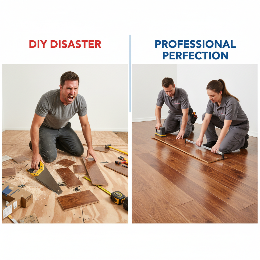 A split image contrasting a frustrated DIYer with a messy, uneven subfloor and miscut planks against professional installers efficiently laying Bravewood hybrid hardwood on a level subfloor with specialized tools.