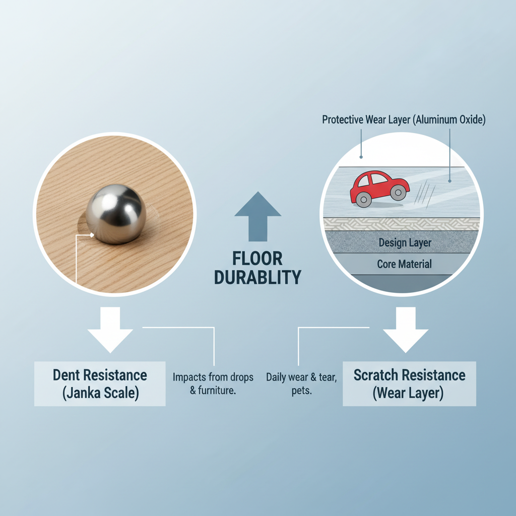 An infographic-style illustration explaining floor durability. On the left, a close-up of a wood plank undergoing a Janka Hardness Test, with a steel ball indenting the wood, labeled 'Dent Resistance (Janka Scale)'. On the right, a magnified cross-section of a floor's surface, showing a clear protective wear layer (aluminum oxide) resisting tiny scratch marks from a toy, labeled 'Scratch Resistance (Wear Layer)'.