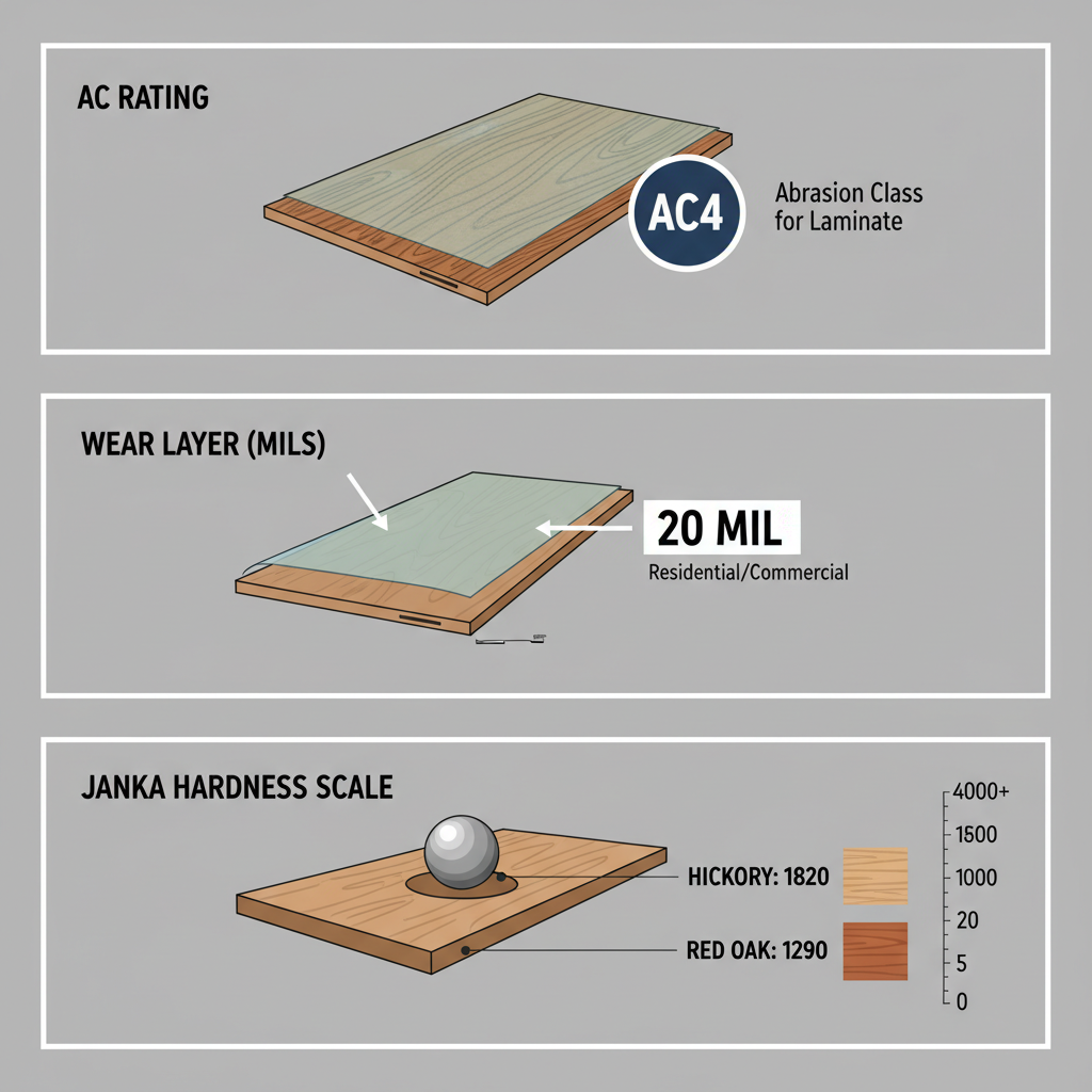 Infographic detailing flooring durability metrics: AC Rating for laminate (AC3/AC4), Wear Layer in mils for LVP (20 mil), and Janka Hardness Scale for wood (e.g., Hickory 1820, Red Oak 1290).