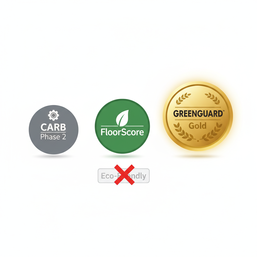 Infographic showing CARB Phase 2, FloorScore, and GREENGUARD Gold certifications, with a crossed-out 'Eco-Friendly' label.