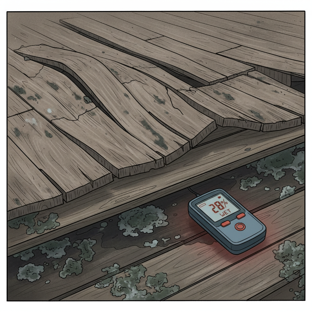 A dramatic, close-up cutaway illustration of water-damaged flooring. The image clearly shows planks exhibiting the three types of warping: cupping (edges higher than center), crowning (center higher than edges), and buckling (planks lifting off the subfloor). Beneath the damaged planks, on the wooden subfloor, visible patches of dark mold growth are depicted, with hidden moisture indicated by darker areas. A pinless moisture meter is shown scanning the subfloor, highlighting the unseen danger. Style: realistic, slightly unsettling to convey damage, detailed.