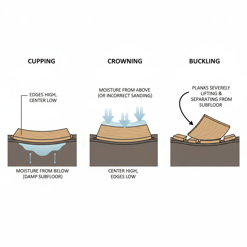 An illustration depicting three types of wood floor warping: cupping (edges higher than center), crowning (center higher than edges), and buckling (planks lifting from subfloor), showing moisture causes and plank distortion.
