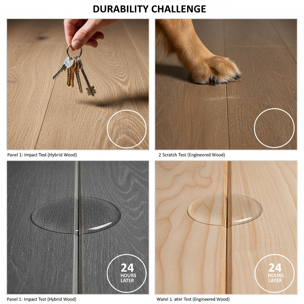 A multi-panel image demonstrating real-world durability tests, showing hybrid wood resisting scratches and water, while engineered wood shows minor damage from similar tests.