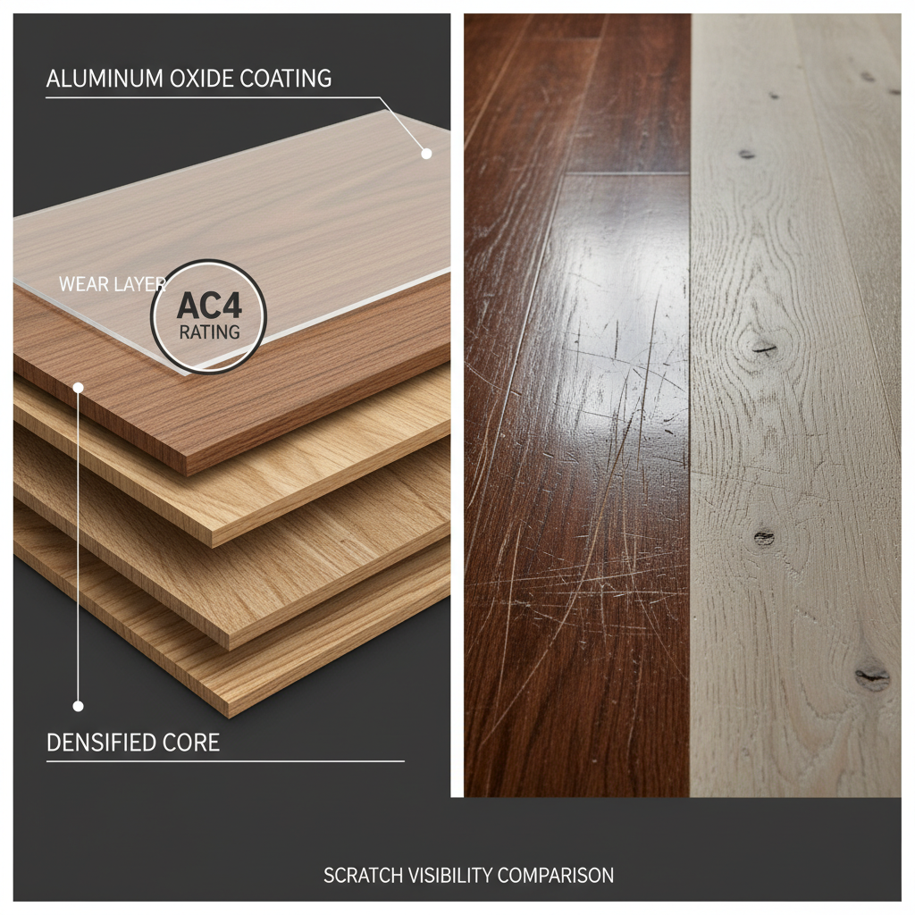 A detailed cross-section diagram of an engineered hardwood plank, clearly labeling its multiple layers: a 'wear layer' (with an AC4 rating visible), an 'aluminum oxide coating,' and a 'densified core.' Below or adjacent, a side-by-side comparison of two floor surfaces: one a high-gloss, smooth finish showing prominent, visible scratches; the other a matte, wire-brushed, heavily textured finish (like White Oak or Hickory) where similar scratches are almost invisible, blending seamlessly into the floor's rustic character, rather than ruining a perfectly smooth, glossy surface. Style: technical drawing for the cross-section, with realistic photographic comparison for the finishes.