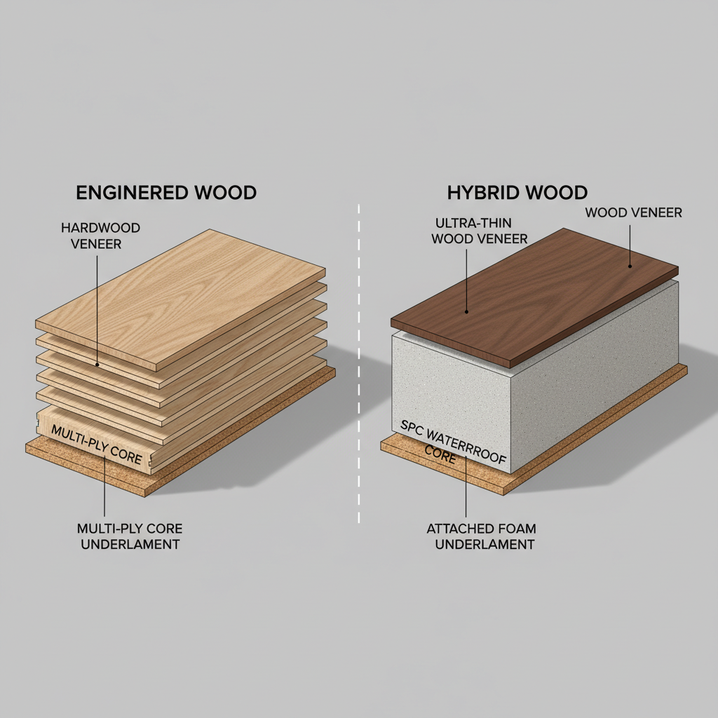 A detailed cross-section illustration comparing engineered wood with a multi-ply core and hybrid wood with an SPC waterproof core, showing their distinct anatomical layers.