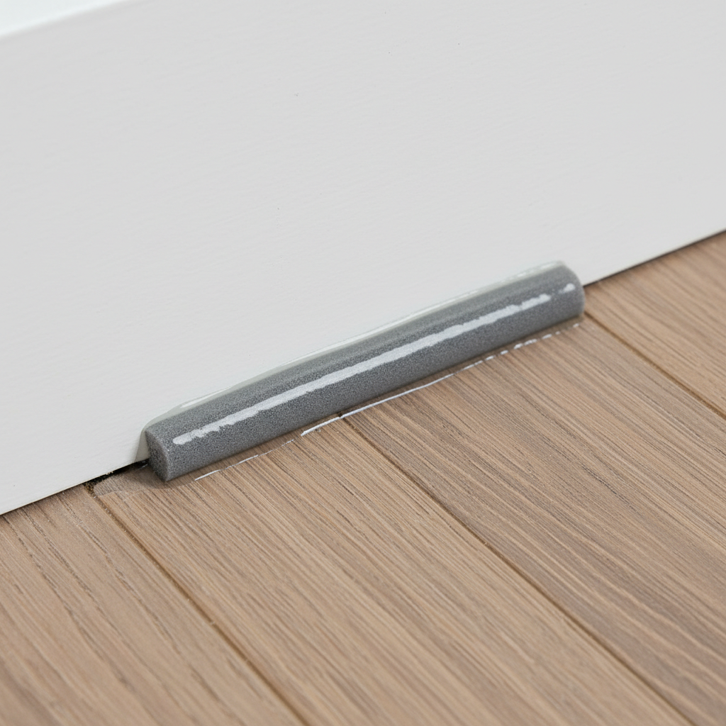Close-up of a Bravewood hybrid hardwood floor with a foam backer rod and silicone sealant in the expansion gap, demonstrating waterproof perimeter sealing.