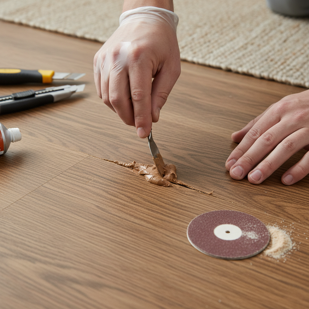 Close-up of hands carefully filling a deep scratch on a wooden living room floor with color-matched wood putty, demonstrating a precise repair process.