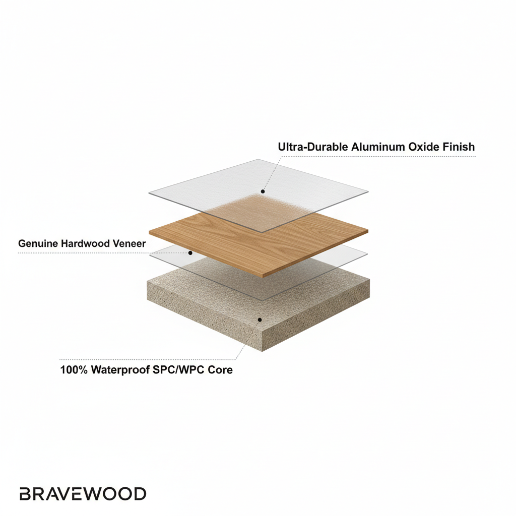 An exploded view diagram showing the distinct layers of hybrid hardwood: an ultra-durable aluminum oxide finish, a genuine hardwood veneer, and a 100% waterproof SPC/WPC core.