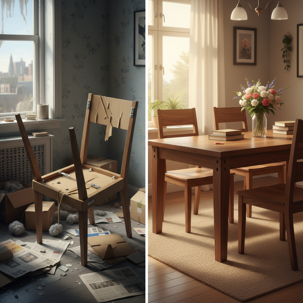 A dynamic, split-panel illustration depicting a stark contrast. On the left panel, a flimsy, broken flat-pack dining chair or table, made of particle board with visible cam locks and peeling veneer, in a cluttered, somewhat neglected setting. On the right panel, a beautifully crafted, sturdy solid wood dining table with visible, elegant dovetail or mortise-and-tenon joints, showcasing rich wood grain and a smooth finish, in a warm, inviting, well-maintained home setting. Style: realistic, contrasting lighting, emphasizing the difference in material quality and structural integrity, with a slightly elevated perspective.