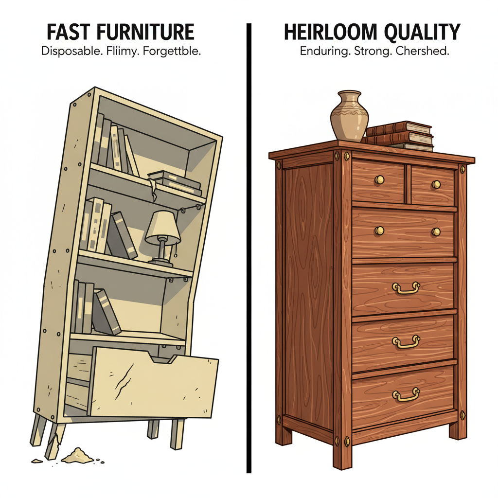 A split-panel illustration comparing flimsy, mass-produced particleboard furniture with sturdy, elegantly crafted solid wood heirloom pieces, highlighting the contrast in durability and construction.